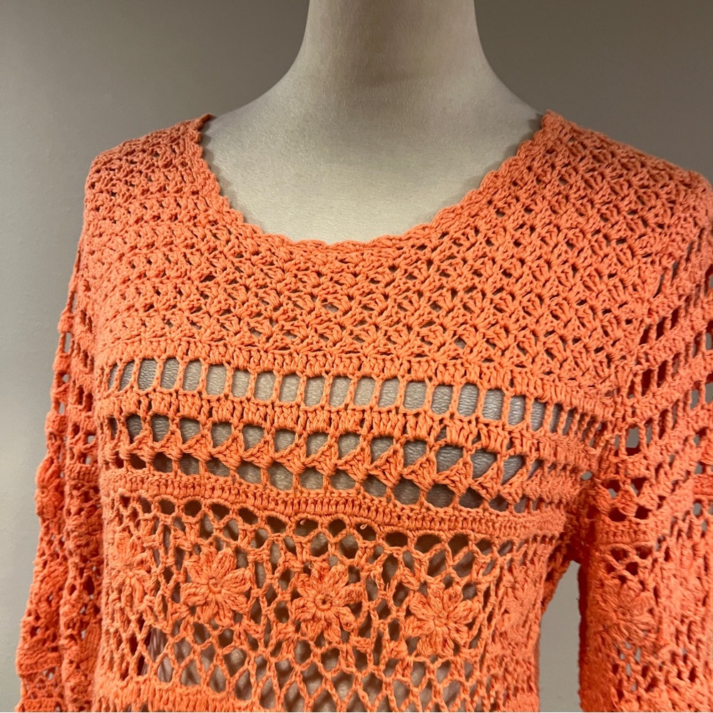 DressBarn Orange Crochet floral Sweater bohemian cottagecore style - Picture 2 of 13